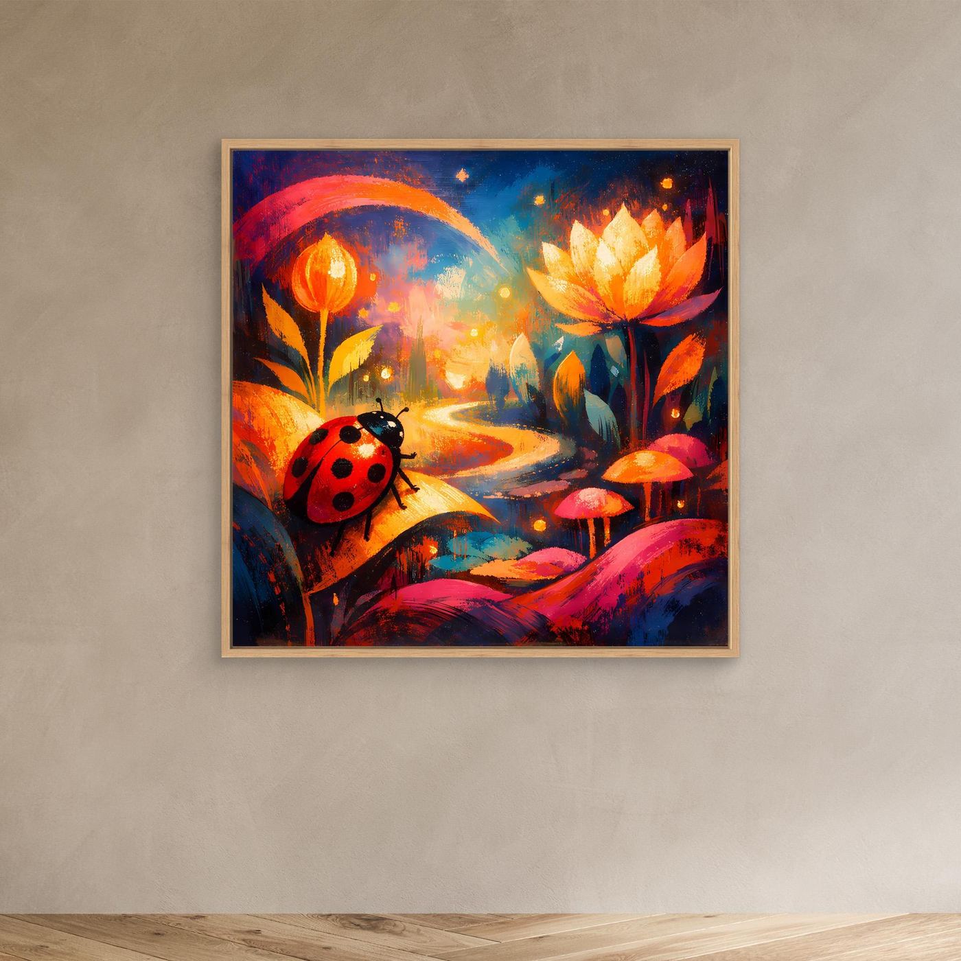 Leinwand-Wandbild mit Marienkäfer auf buntem Pfad und leuchtenden Blüten im Eichenrahmen