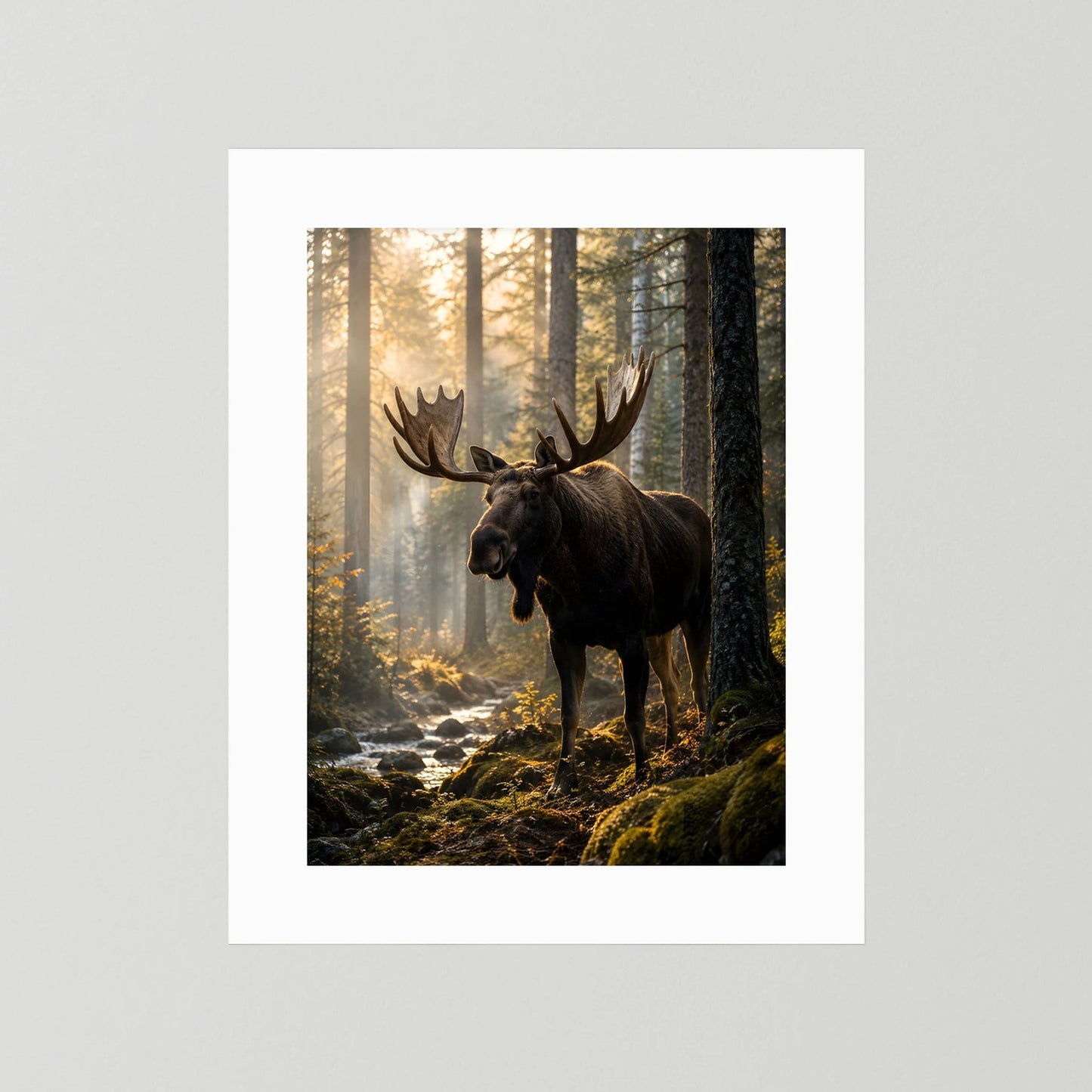 Elch-Naturposter im Wald mit Geweih-Elch, weißer Rand