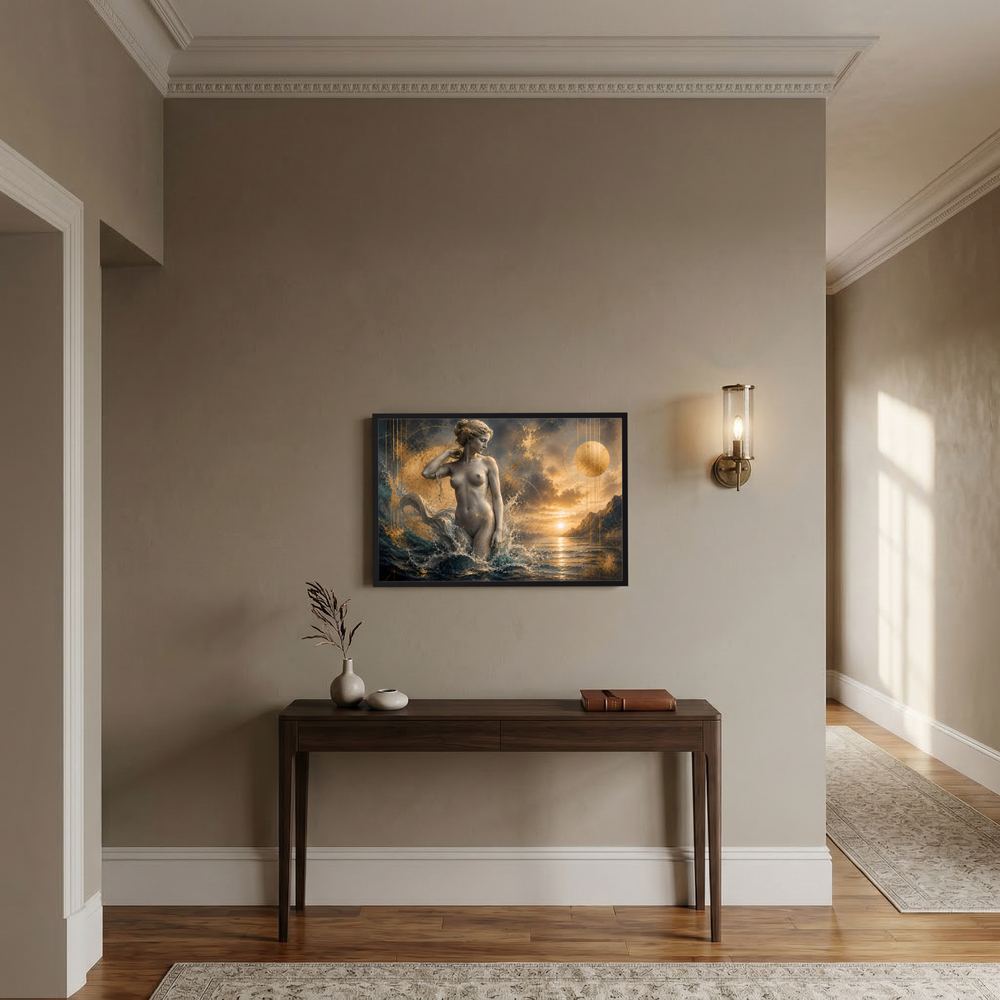 Querformat-Poster mit abstrakter Frauenfigur zwischen Wellen, warmes Gold im Hintergrund