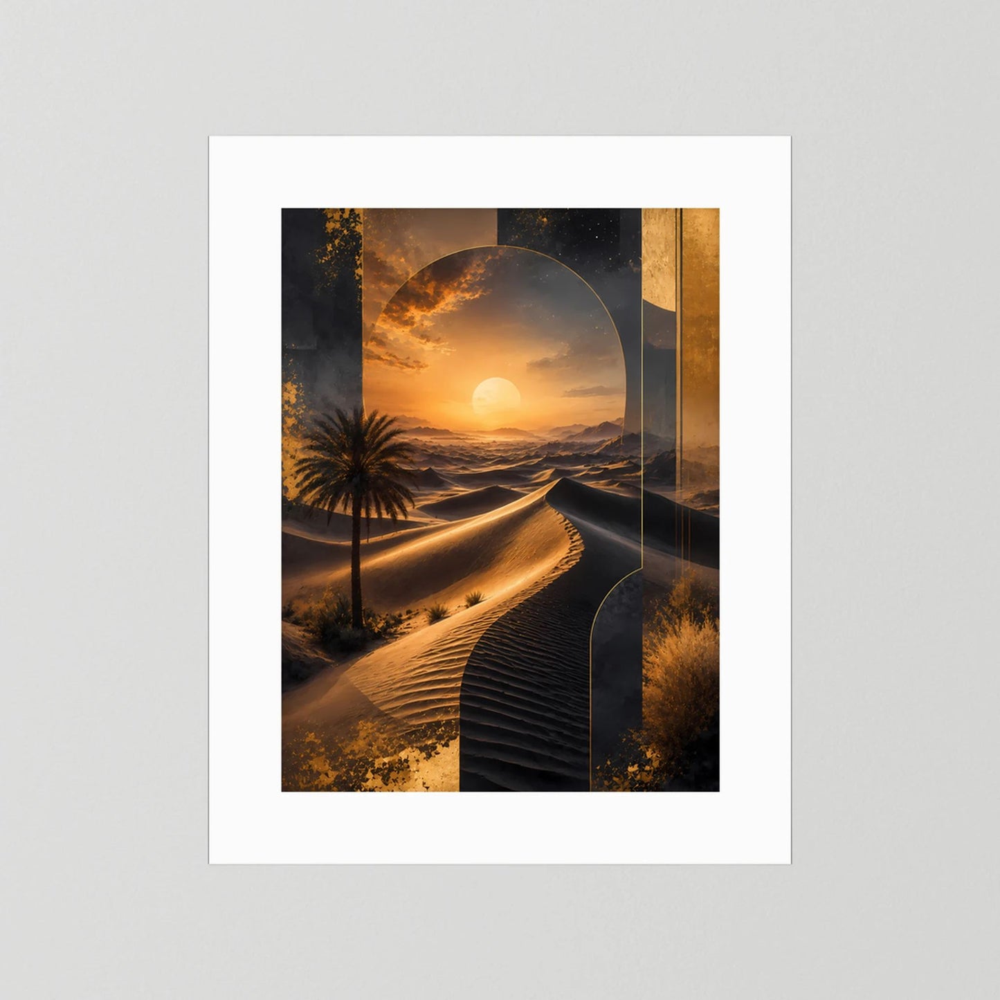 Poster mit weißer Umrandung, abstrakte Wüstenlandschaft mit goldener Sonne und Dünen