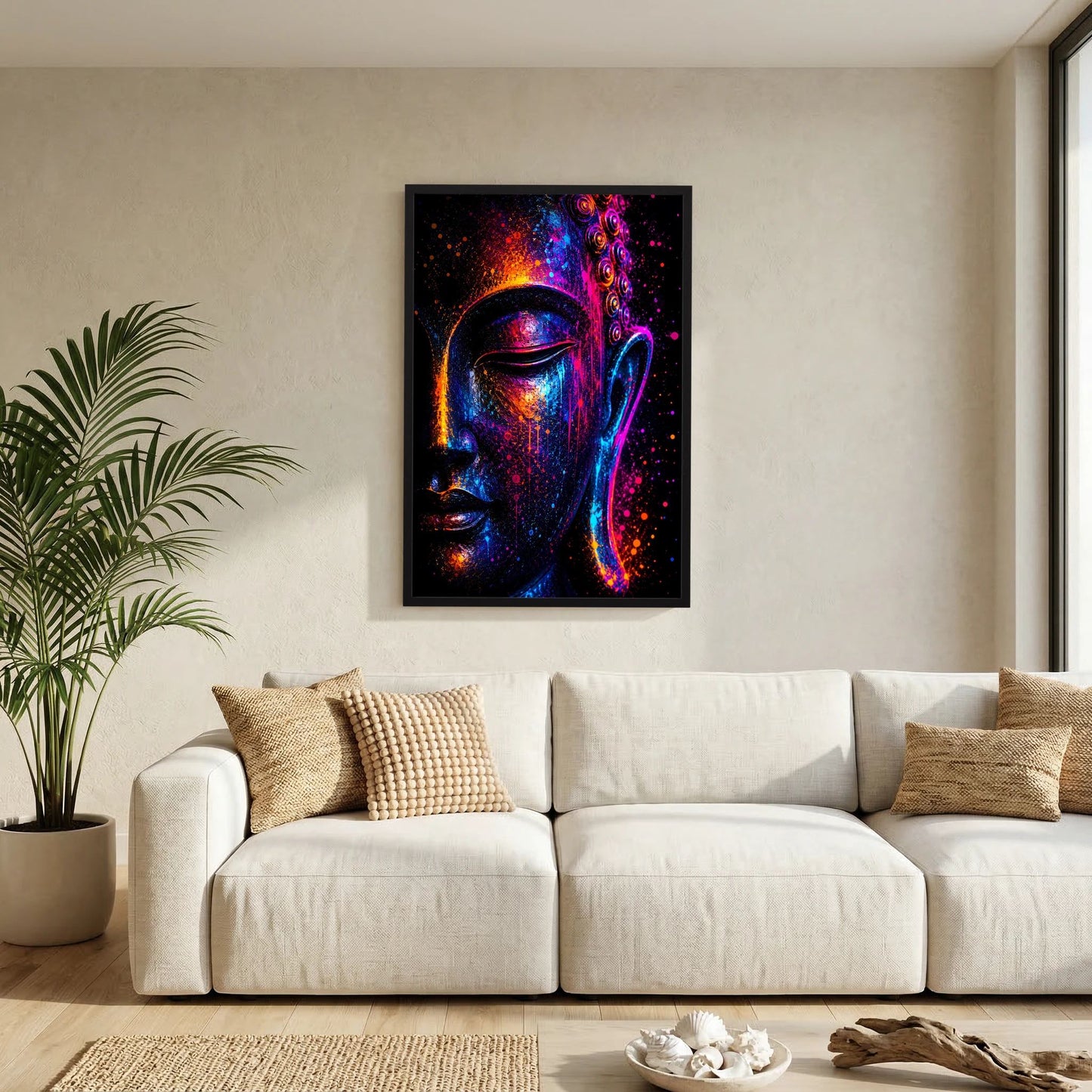 Kunstposter mit abstraktem Buddha-Gesicht im Neonlicht, farbige Sprenkel, schwarzer Rahmen