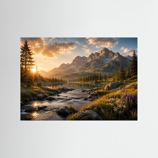 Querformat-Poster: Bergsee bei Sonnenuntergang mit Bergen, Tannen und Wildblumen