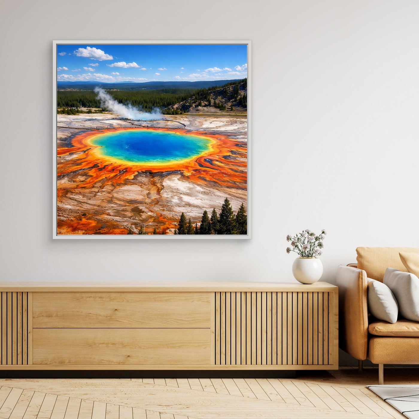 Leinwandbild mit weißem Rahmen, Motiv Grand Prismatic Spring mit Regenbogenfarben