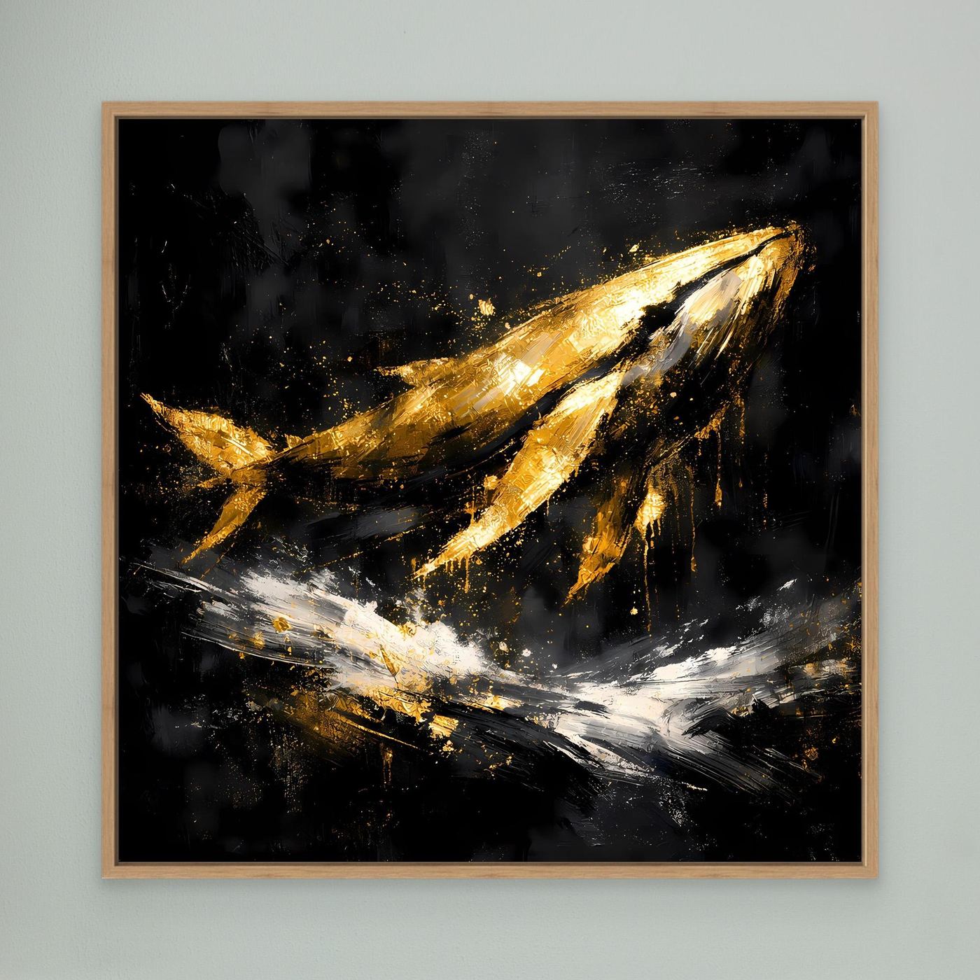 Leinwand Majestätischer Wal in Gold und Schwarz | Modernes Abstraktes Meeres Wandbild