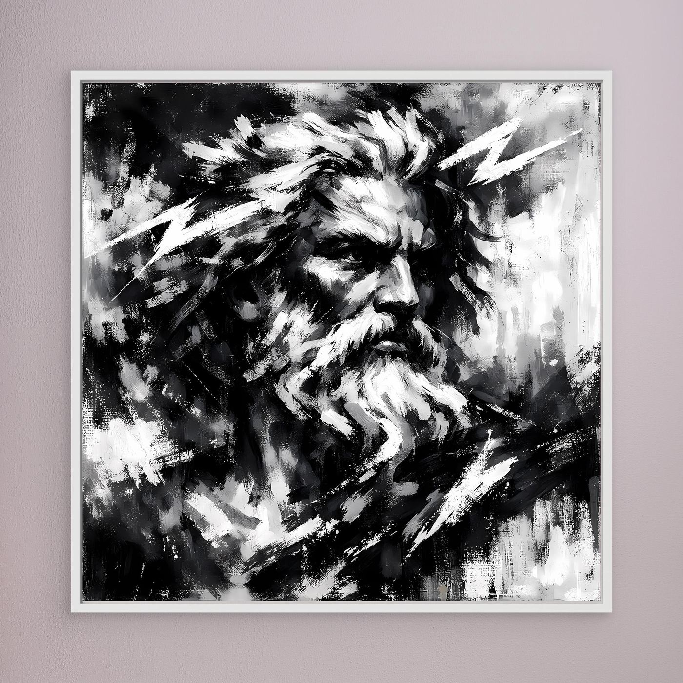 Square black-and-white abstract bearded portrait wall art with sweeping brush marks, light frame