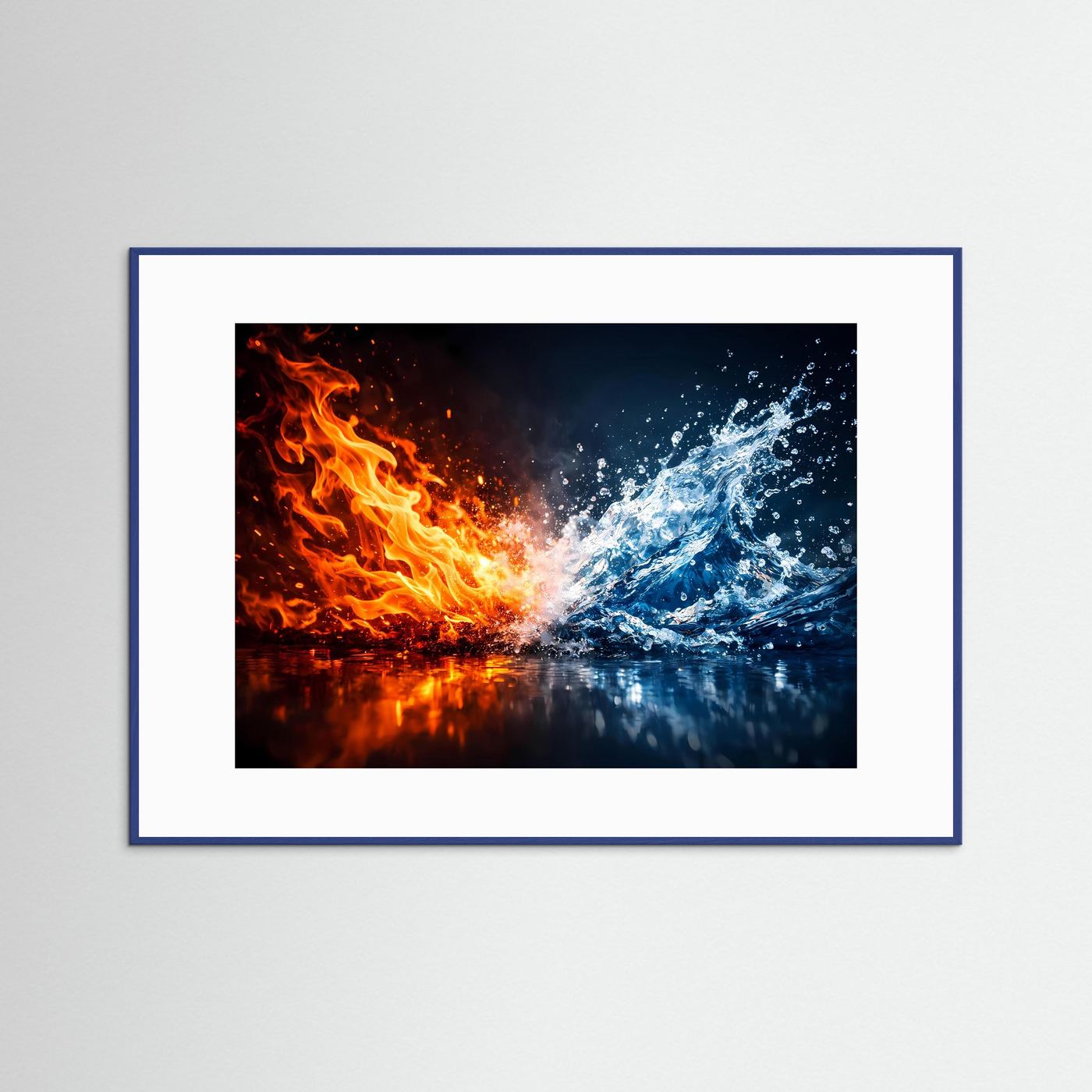 Abstraktes Kunstposter querformatig mit Feuer und Wasser, orange und blau, weißes Passepartout, blau gerahmt