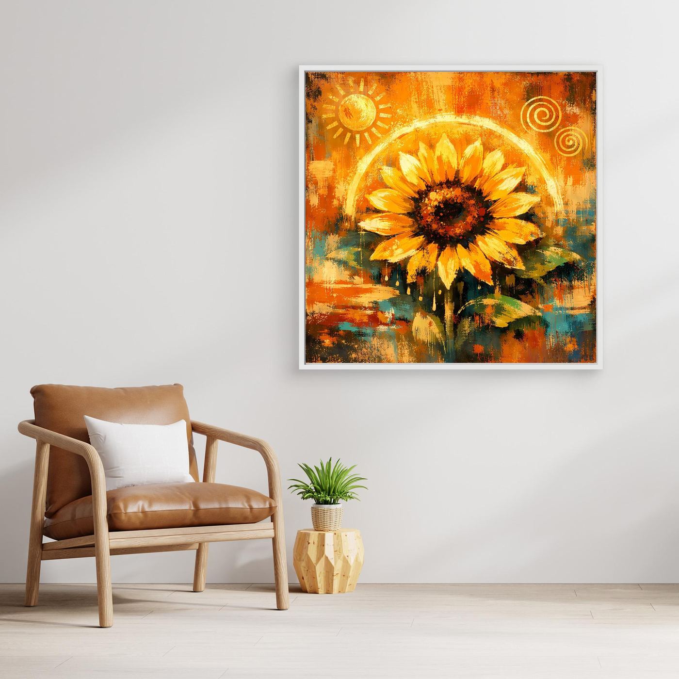 Gerahmtes Leinwandbild mit goldener Sonnenblume, sonniger Hintergrund mit Kreisornamenten