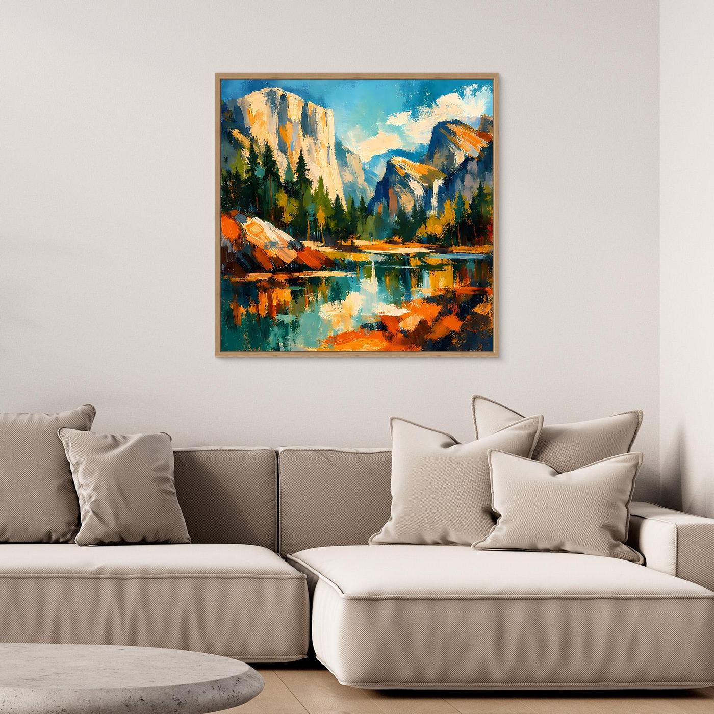 Leinwandbild mit Berglandschaft und spiegelndem See, abstrakt gemalt, dunkler Rahmen