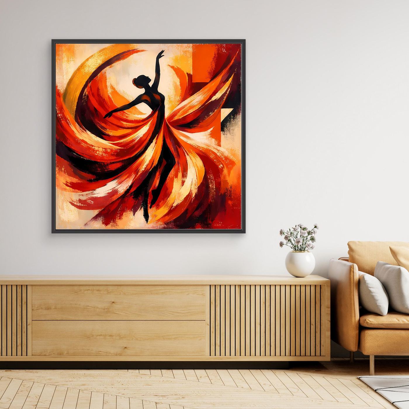 Gerahmtes Leinwandbild mit abstrakter Ballerina, Rot/Orange/Schwarz und schwarzem Rahmenprofil
