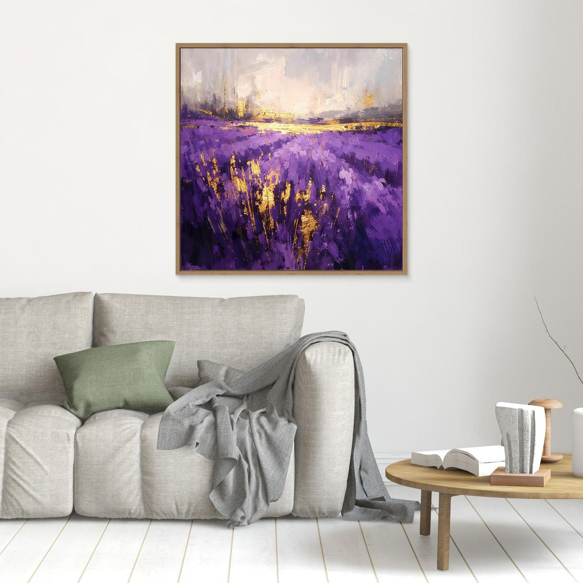 Leinwandbild Lavendelfeld abstrakt in Violett mit goldenen Akzenten, Eichenrahmen, klein