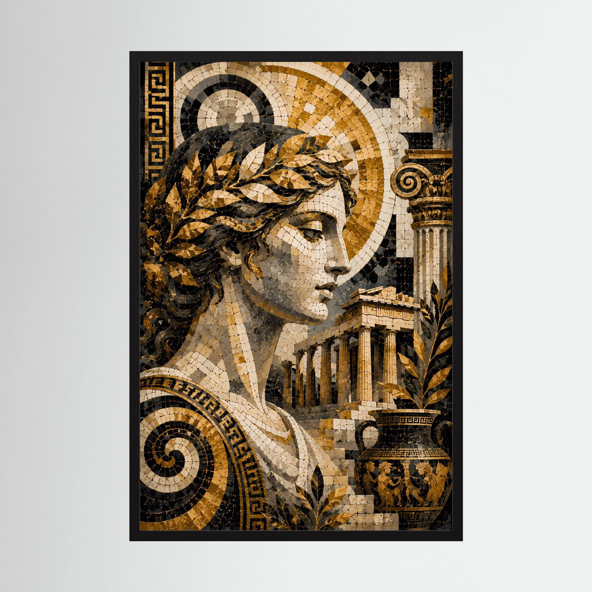 Poster mit antikem Mosaik: griechische Göttin in Gold und Schwarz, schwarzer Rahmen
