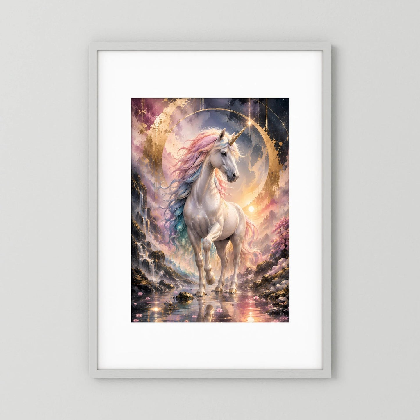 Einhorn-Poster (Hochformat): weißes geflügeltes Einhorn mit goldenem Kreis in Pastell.