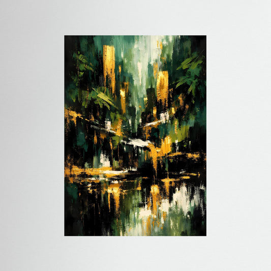 Abstraktes Kunstposter: smaragdgrüner Wald mit goldenen Reflexen, hochformatig