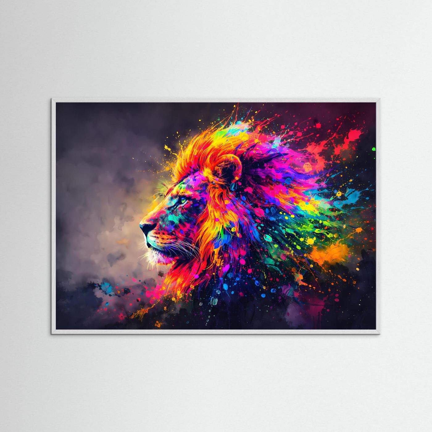 Wandbild mit weißem Holzrahmen: Löwenkopf Pop-Art in Regenbogenfarben und Farbspritzern