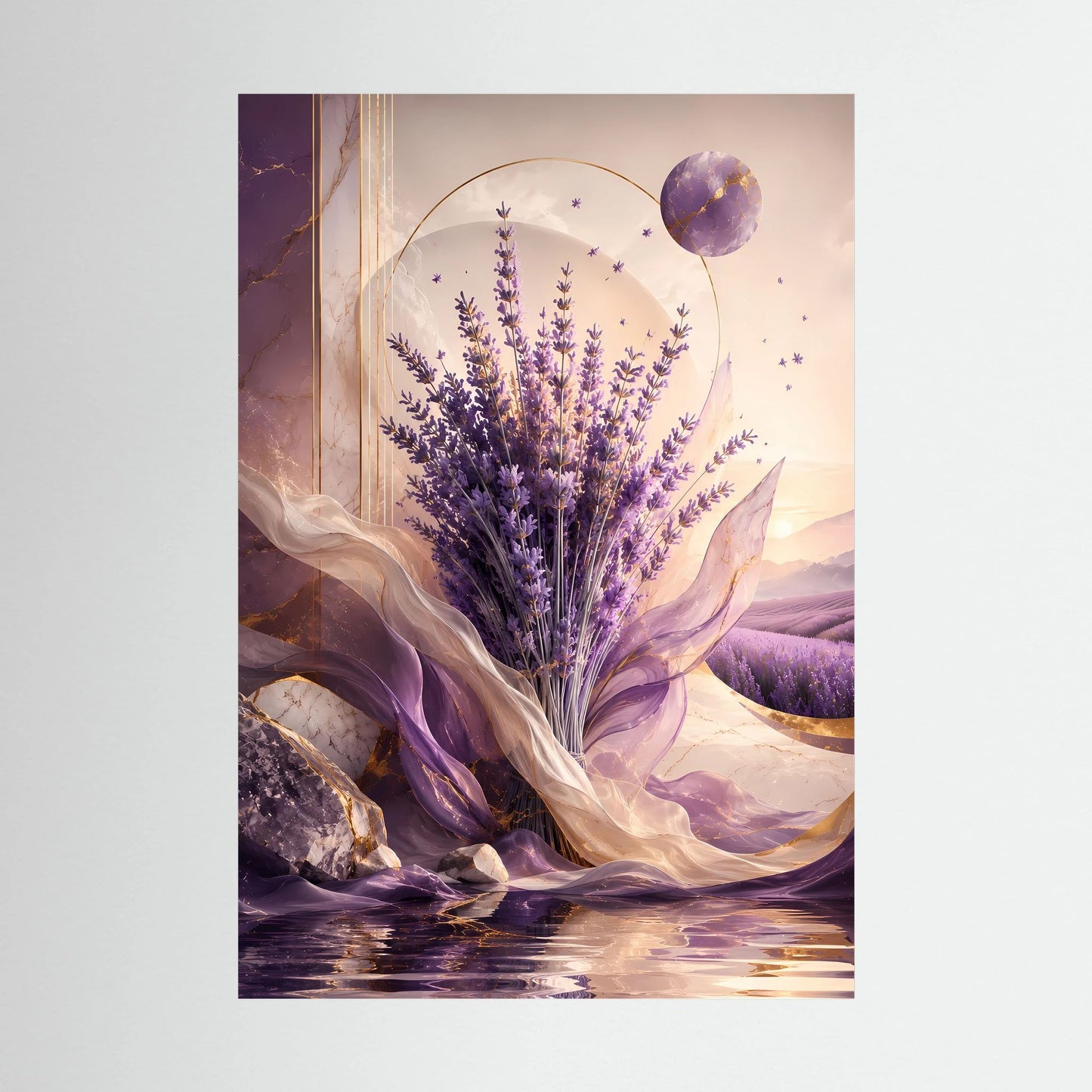 Hochformat-Poster mit Lavendelstrauß in Violett, goldene Akzente und florale Details