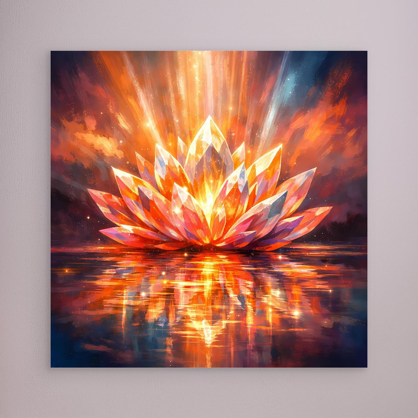 Leinwandbild mit leuchtender Lotusblüte, orange-gelben Strahlen und Spiegelung, ohne Rahmen