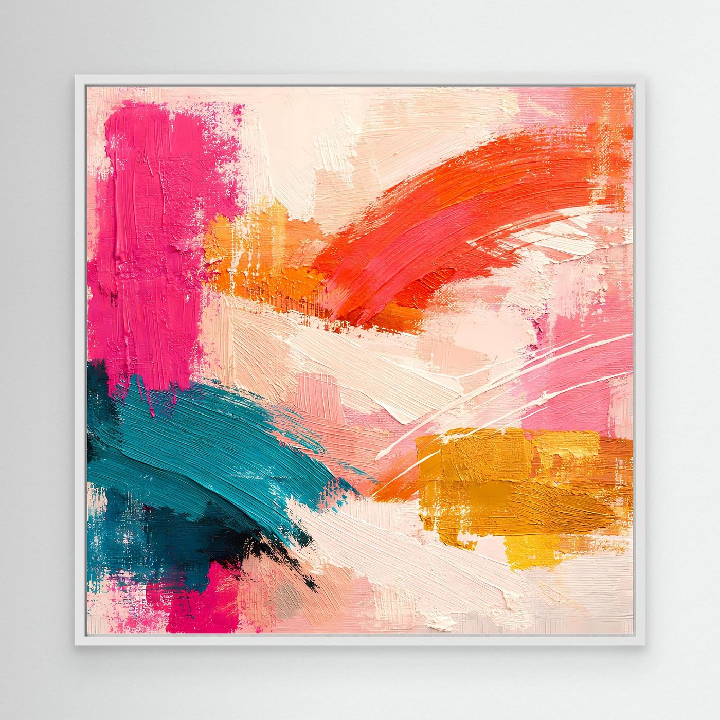Leinwand-Wandbild mit abstrakten Farbflächen in Pink, Orange und Petrol, weiß gerahmt