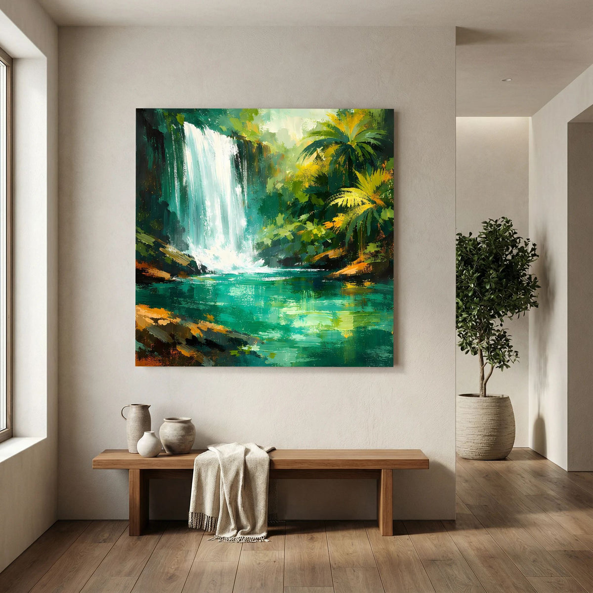Leinwand-Wandbild: Wasserfall in tropischer Landschaft, grüne Farbflächen und Palmen