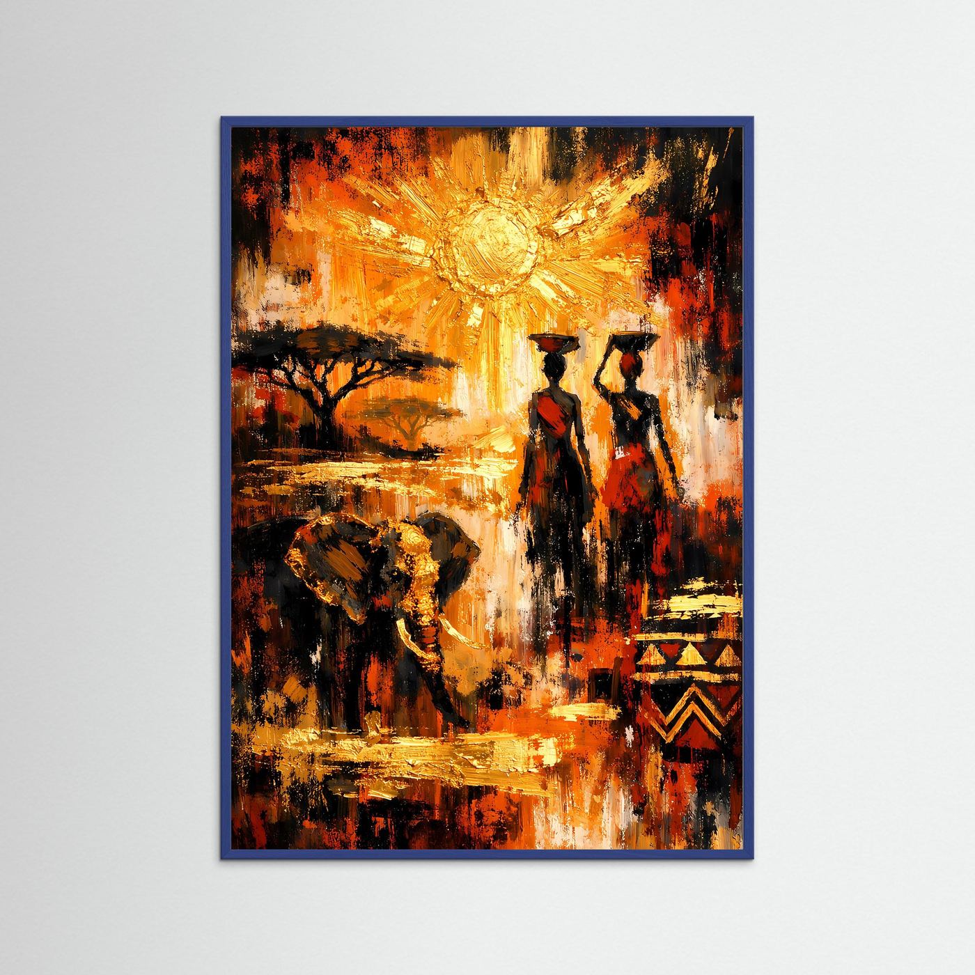 Ethno-Kunstposter im Hochformat mit goldener Sonne, zwei Figuren, Löwe und Baum, blau gerahmt