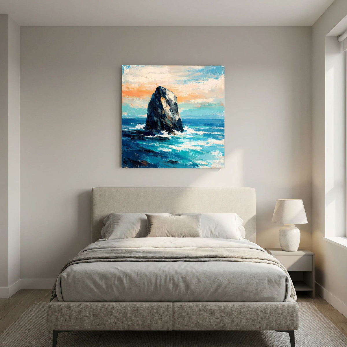 Leinwand-Wandbild mit einsamem Felsen im Meer, pastellige Orange- und Blautöne