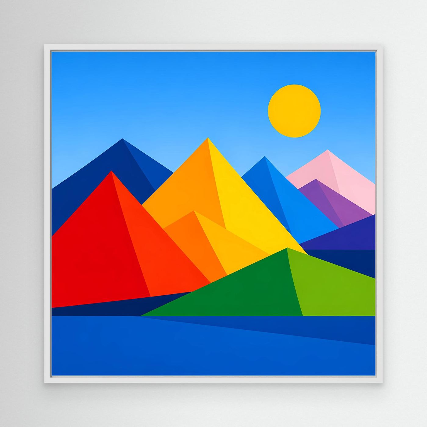 Leinwandbild mit geometrischer Berglandschaft, bunte Berge und gelbe Sonne im weißen Rahmen