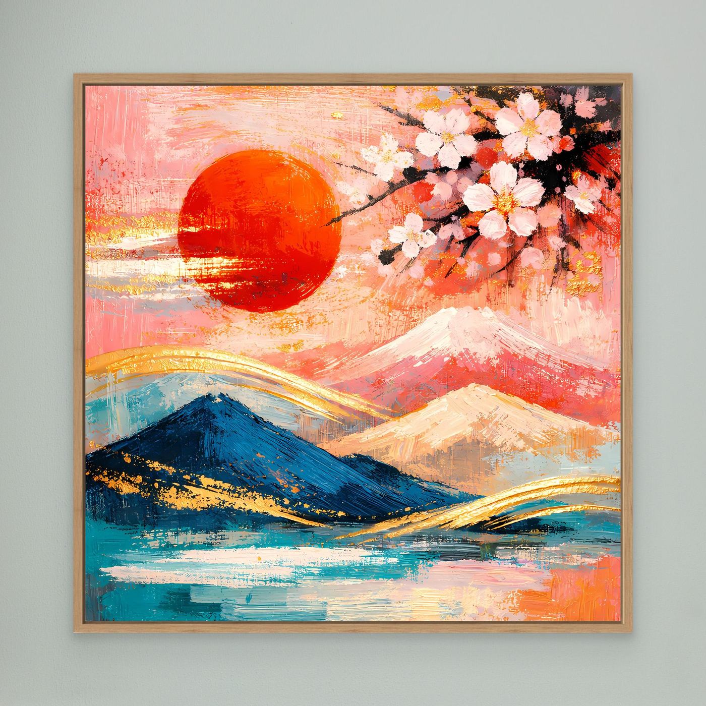 Leinwandbild mit hellem Holzrahmen: Kirschblüte, Fuji-Landschaft, pastellfarben