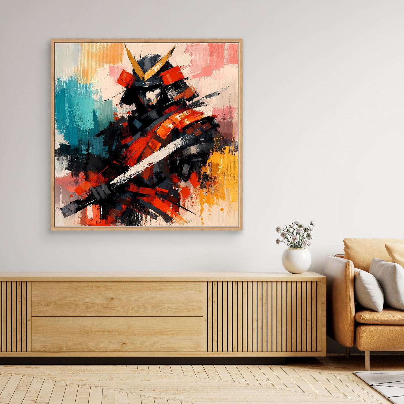 Abstraktes Samurai-Krieger-Leinwandbild mit Farbspritzern, brauner Holzrahmen