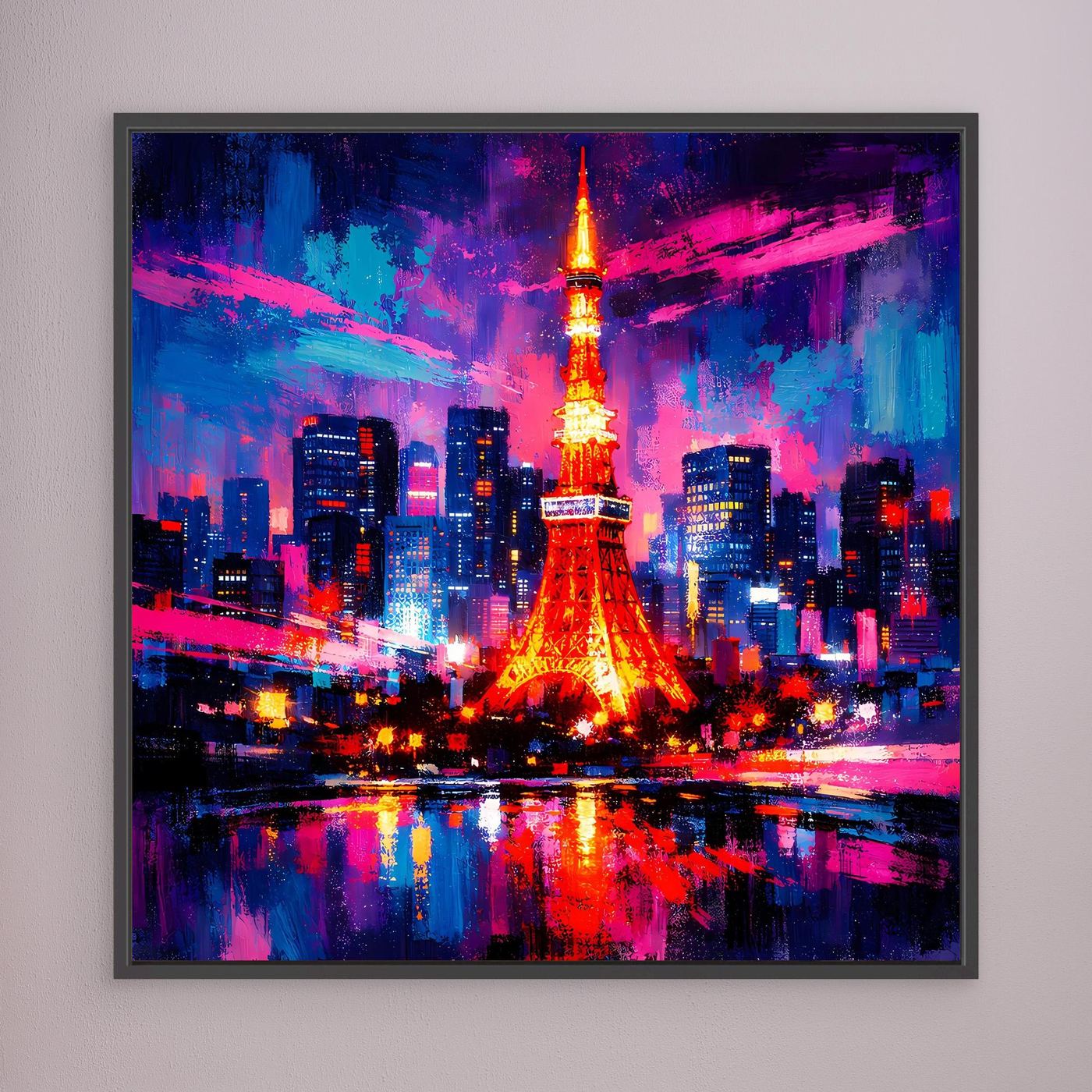 Wandbild mit abstrakter Skyline und leuchtendem Eiffelturm, Blau-Pink-Rot, dunkel gerahmt