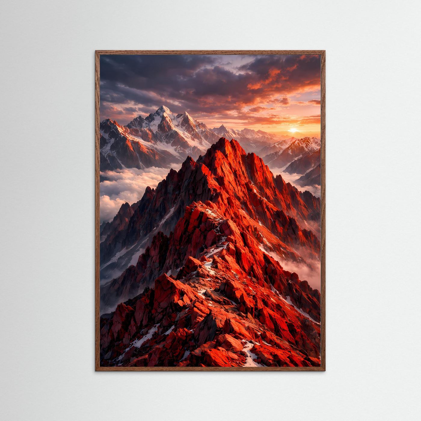 Bergposter im Hochformat mit Holzrahmen: rote Bergspitzen bei Sonnenuntergang