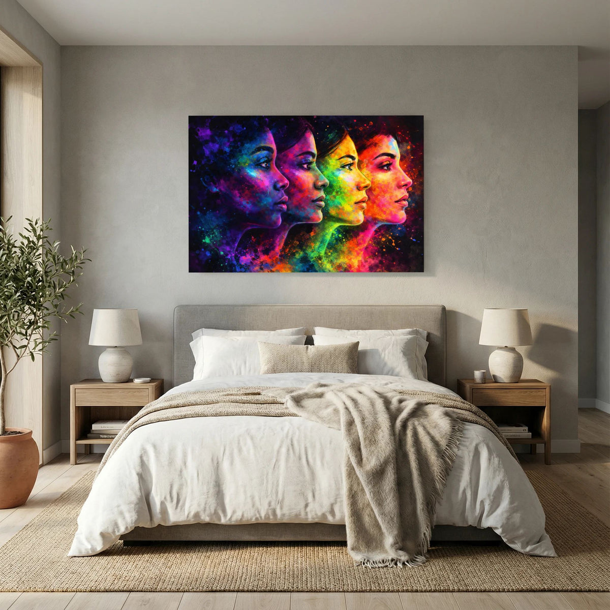 Wandbild im Querformat über Bett: vier farbige Porträtprofile im Nebellicht-Look