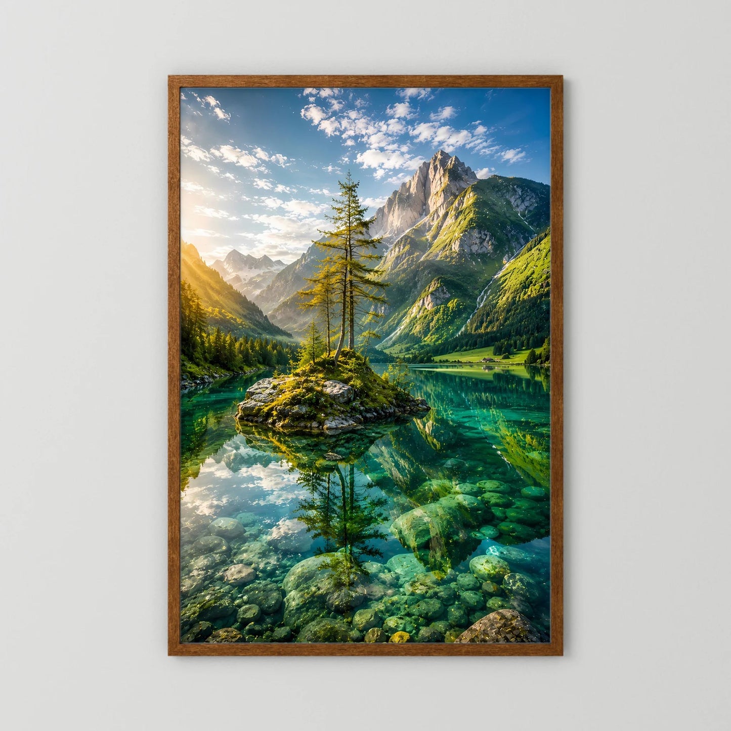 Hochformatiges Poster mit Bergsee, Bauminsel und Berglandschaft, grünes Wasser, brauner Holzrahmen