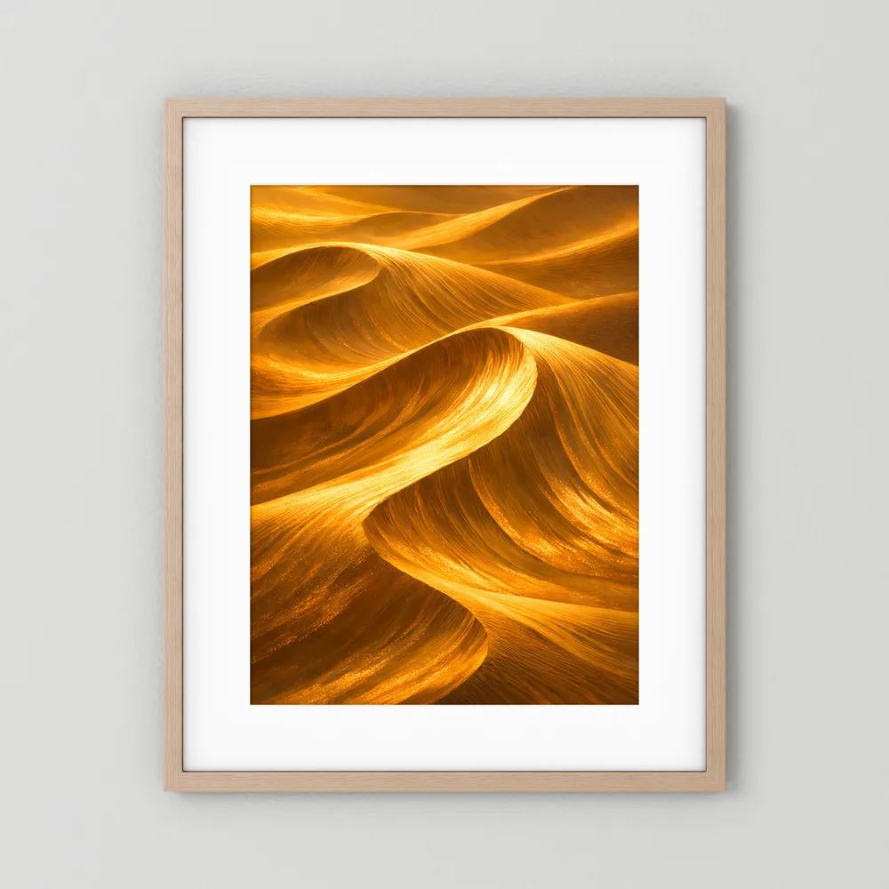 Wüstenlandschafts-Poster mit hellem Holzrahmen, abstrakte goldene Sanddünen
