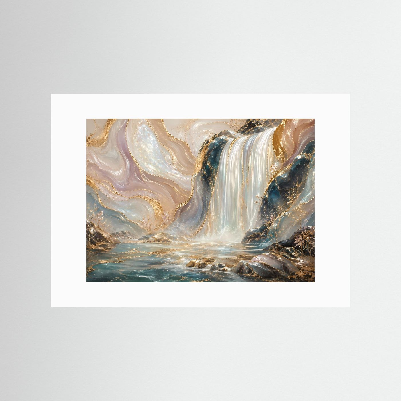 Poster mit abstraktem Wasserfall und weißem Passepartout, creme-gold und türkis