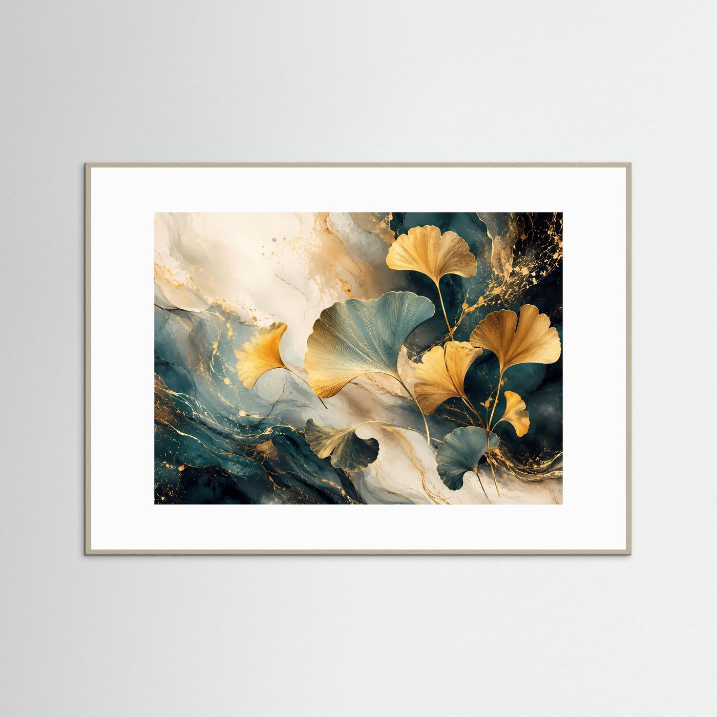 Abstrakte Ginkgo Blätter Gold Blau | Elegantes Botanik Wandbild | Luxus Naturkunst | Modernes Leinwandbild | Premium Poster