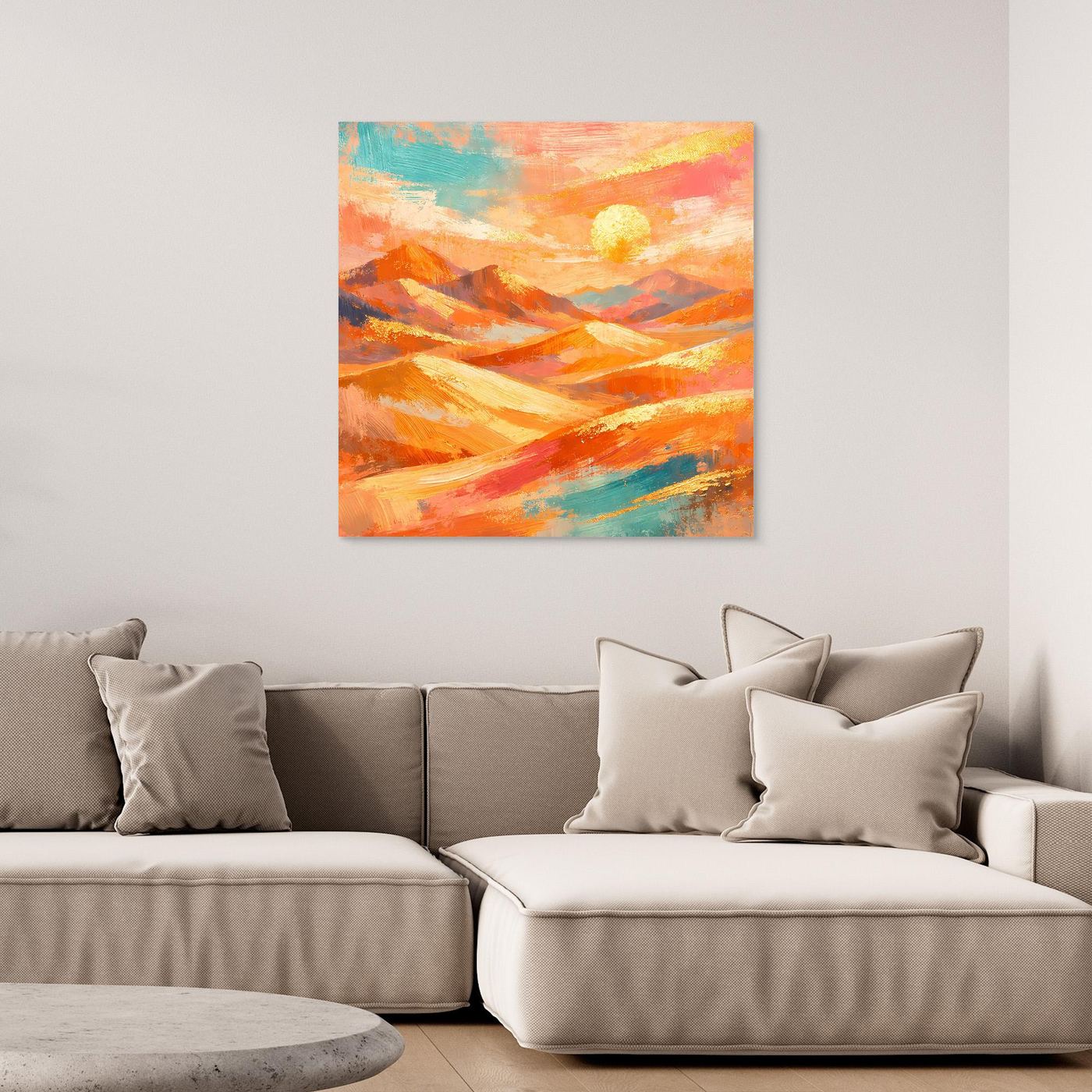 Quadratisches Leinwandbild mit abstrakter Wüstenlandschaft in Pastellfarben und Sonnemotiv