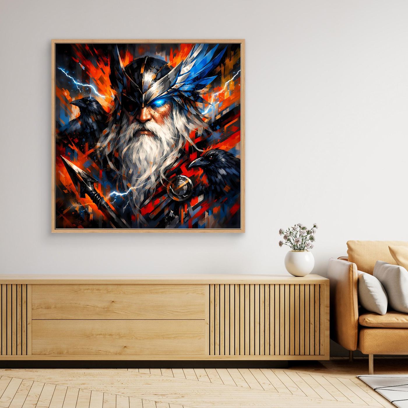Leinwand Odin der Göttervater mit Raben | Modernes Nordisches Mythologie Wandbild