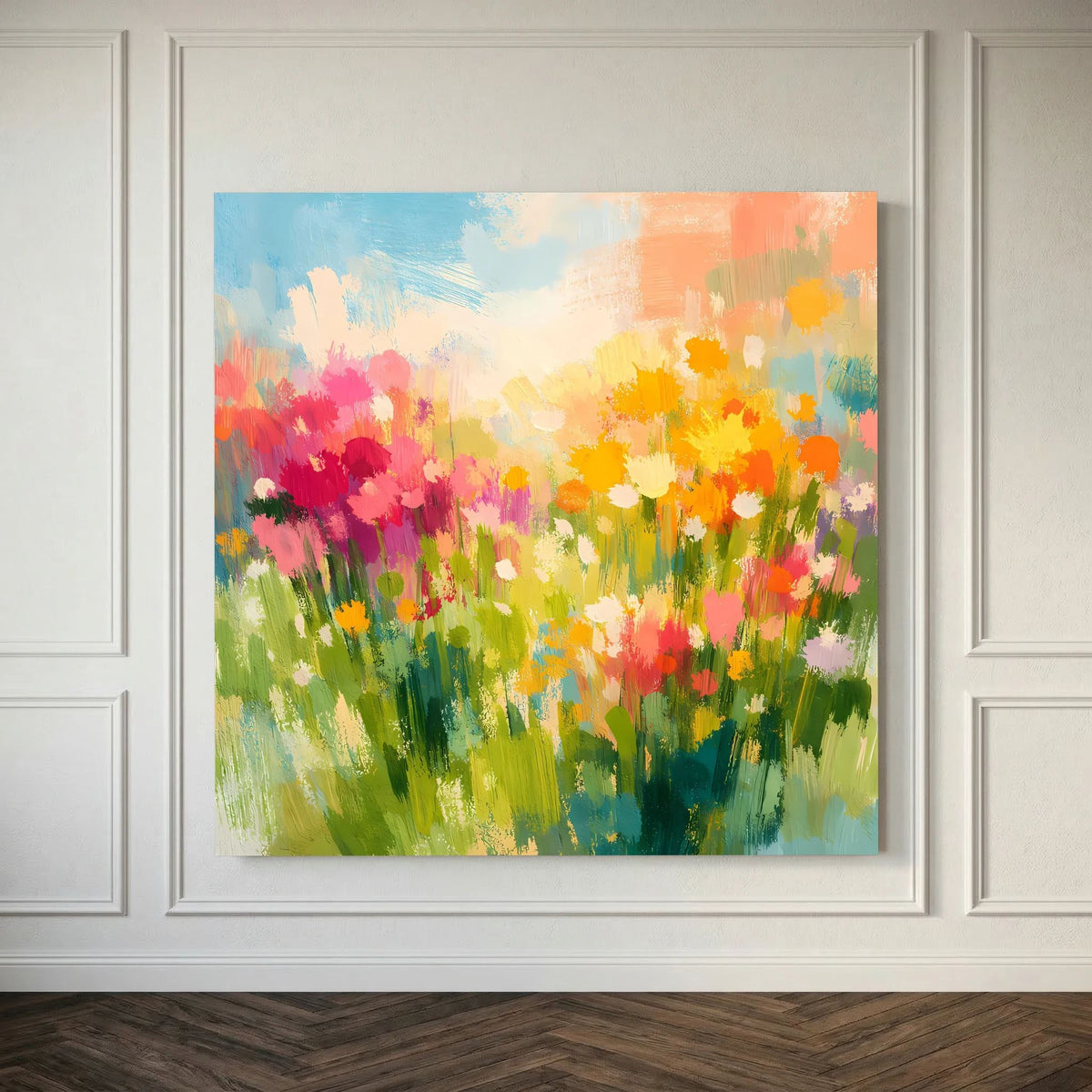 Leinwandbild mit abstrakten Wildblumen in kräftigen Farben, mit weißem Rahmen