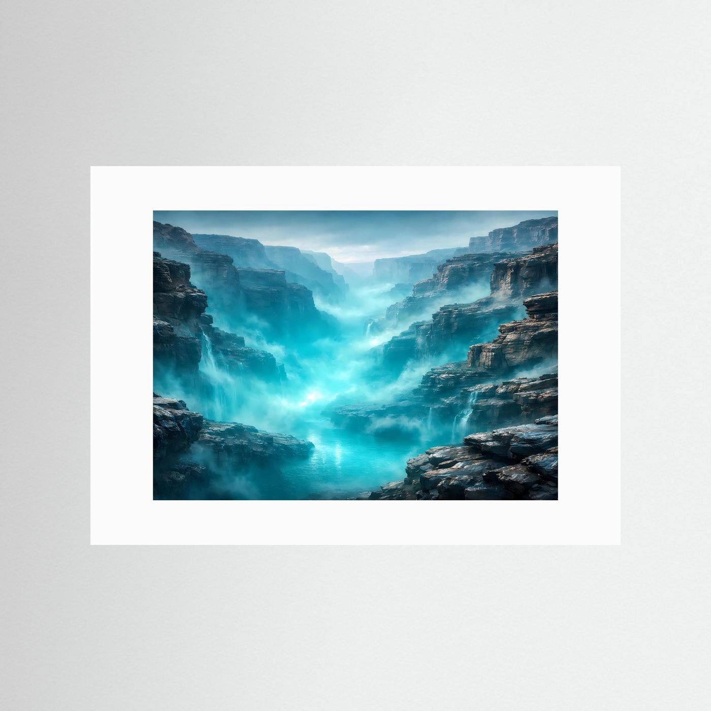 Wandbild mit Canyon-Landschaft in Türkis, mit weißem Passepartout