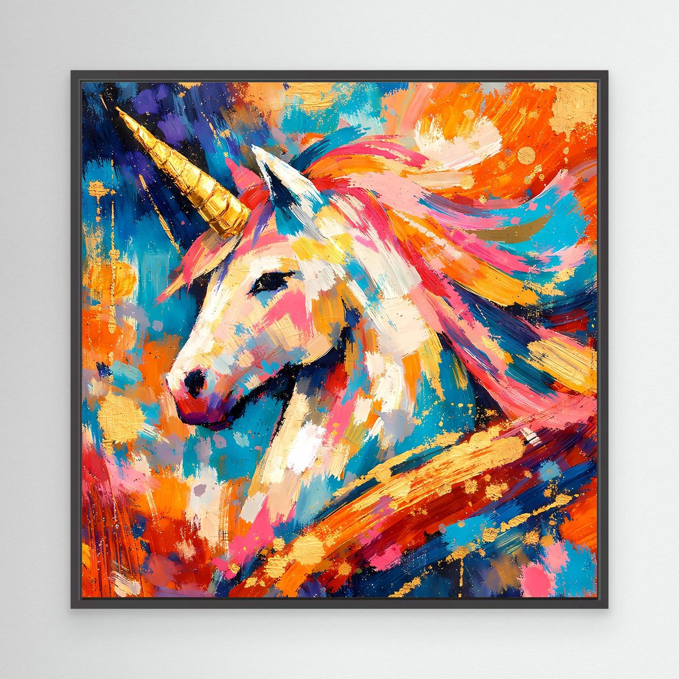 Leinwandbild mit abstraktem Einhorn, goldenes Horn, bunte Pinselstriche, schwarzer Rahmen