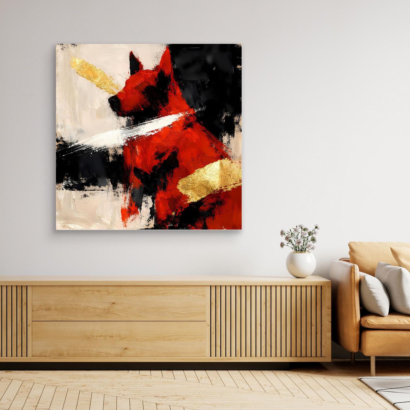 Abstraktes Leinwand-Wandbild eines Hundes in Rot und Gold, ohne Rahmen