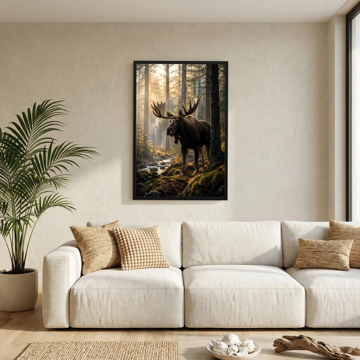 Elch-Naturposter im Wald mit Geweih-Elch, im Bild gerahmt, schwarzer Rahmen