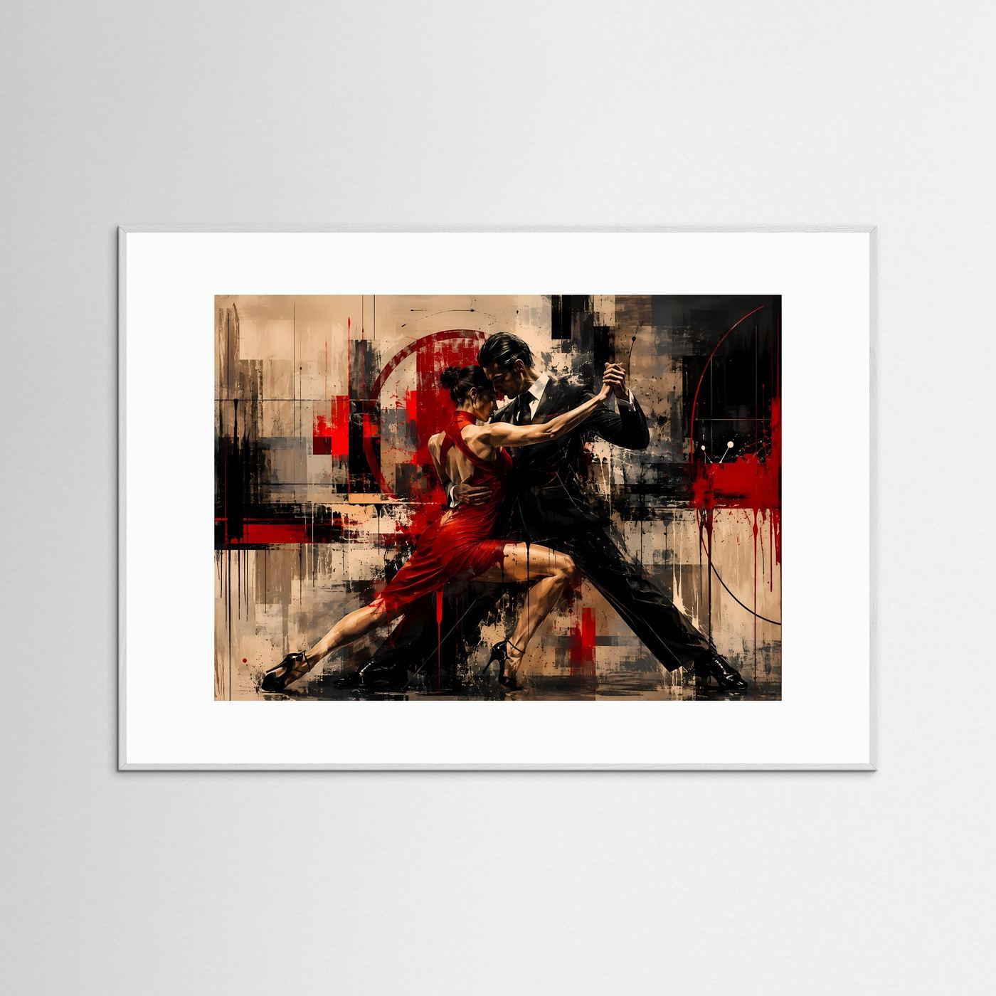 Leidenschaftliches Tango-Paar in Rot & Schwarz | Abstraktes Tanz Poster im Querformat | Modernes Wandbild