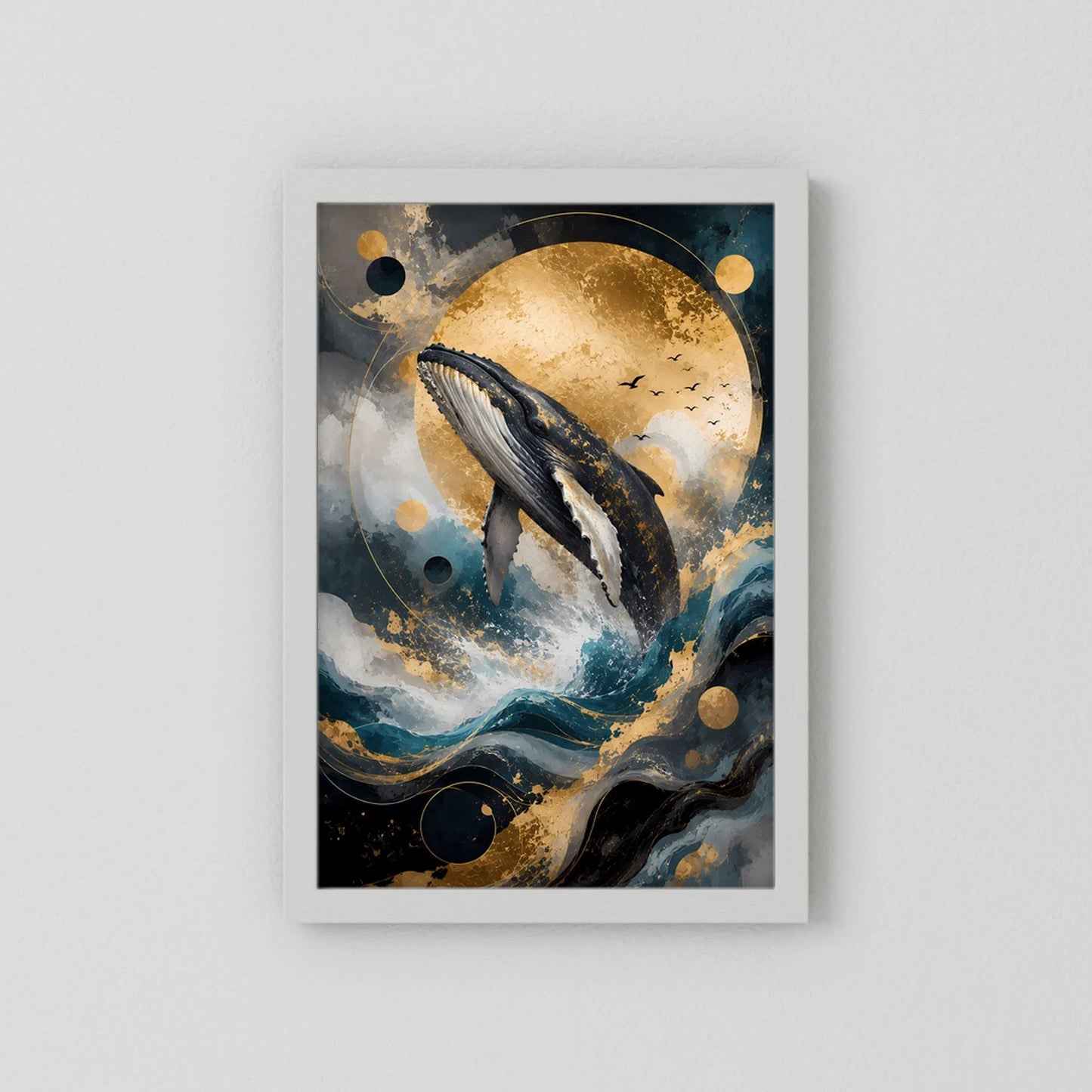 Buckelwal-Kunstposter mit weißem Rahmen, Mond und goldene Kreise über abstrakten Wellen