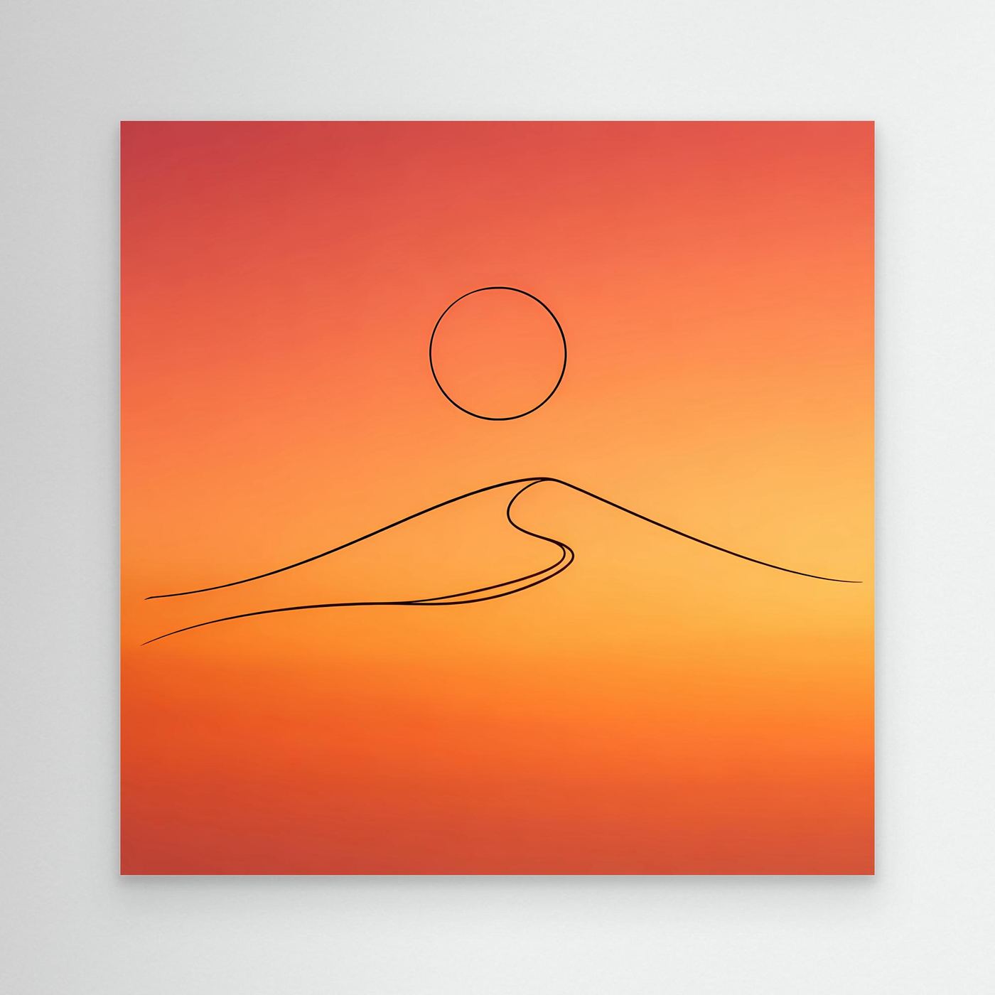 Leinwandbild mit minimalistischer Wüstendüne: Sonne im Kreis und Linien, orangefarbener Farbverlauf