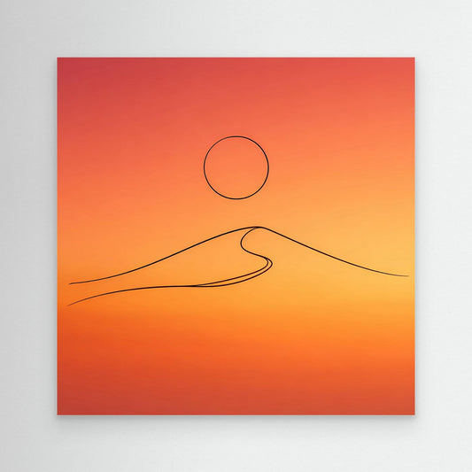 Leinwandbild mit minimalistischer Wüstendüne: Sonne im Kreis und Linien, orangefarbener Farbverlauf