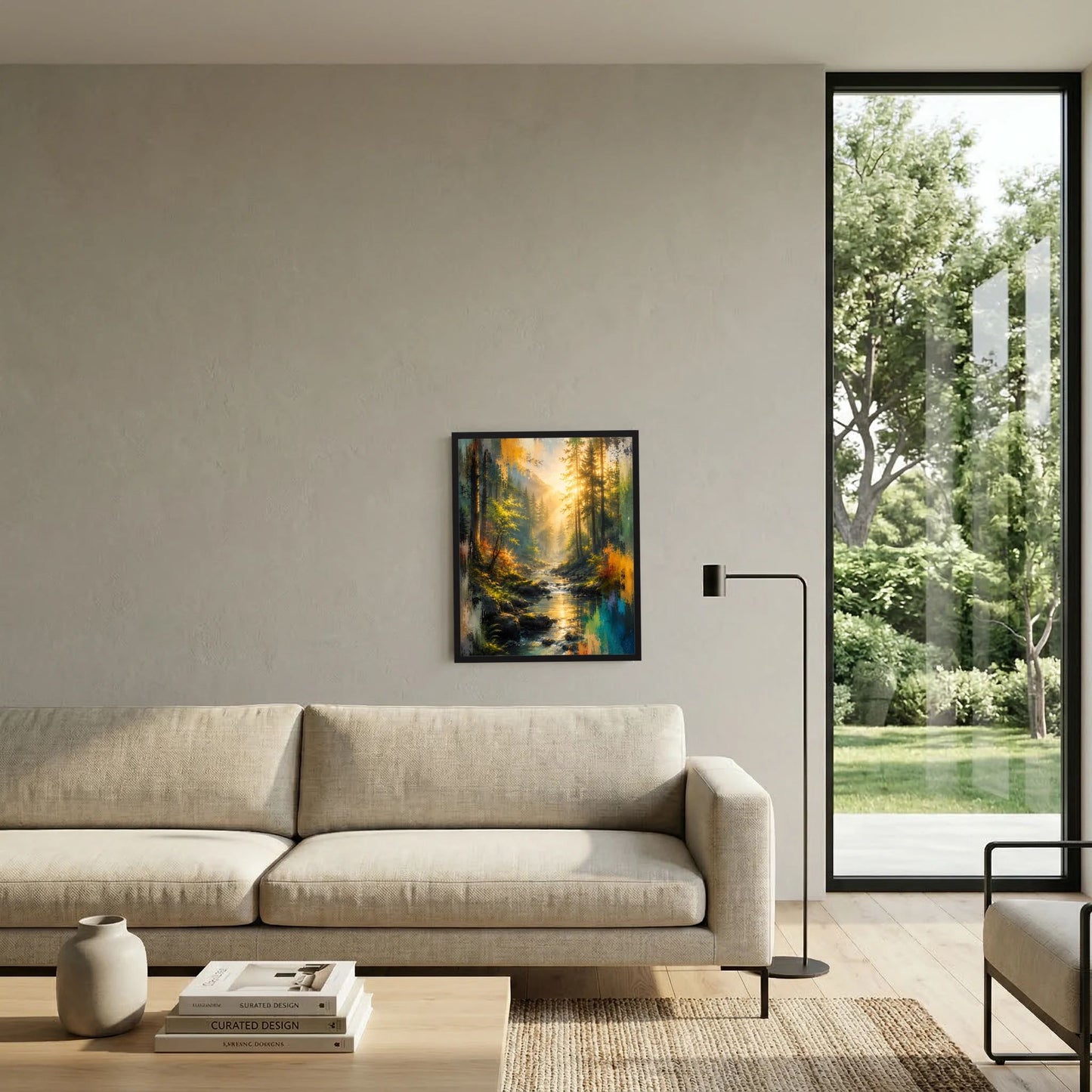 Gerahmtes Kunstposter mit abstraktem Wald und Bach im goldenem Licht