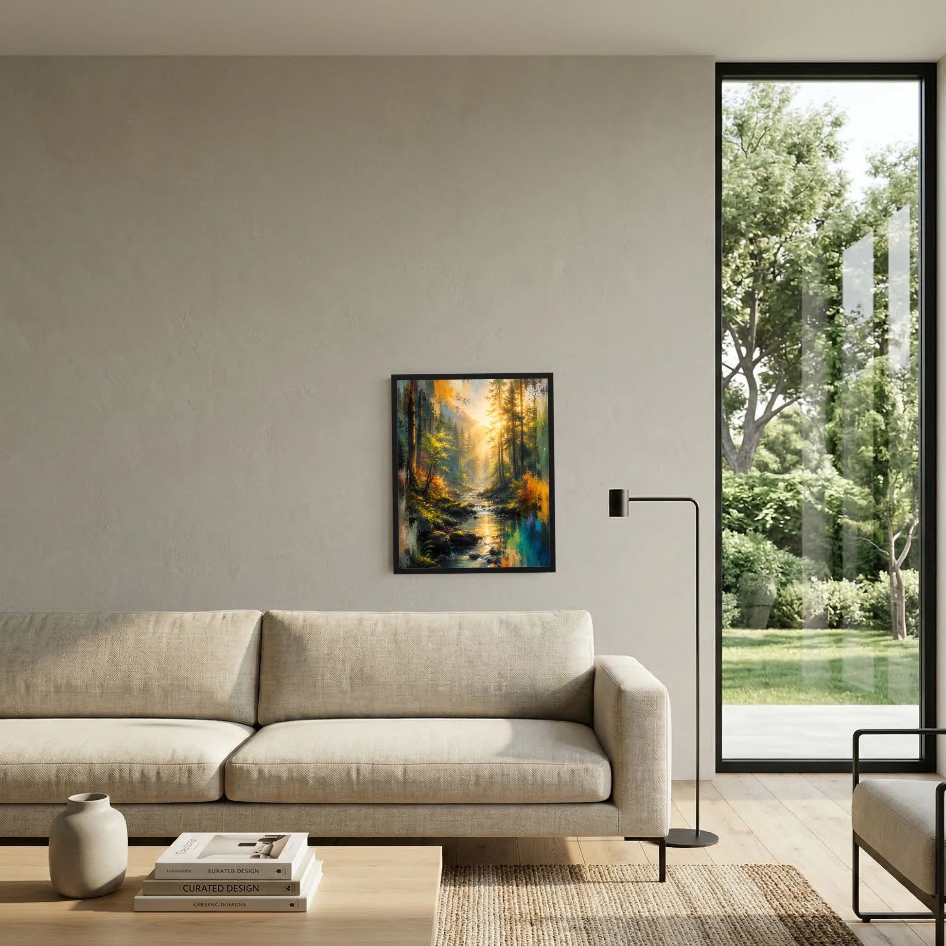 Gerahmtes Kunstposter mit abstraktem Wald und Bach im goldenem Licht