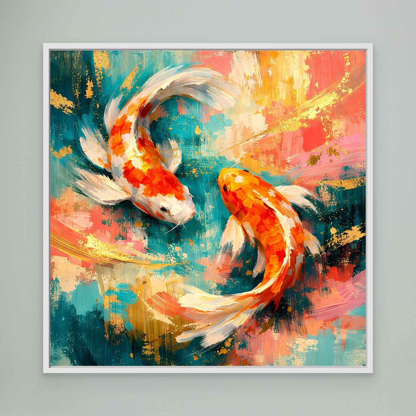 Leinwandbild mit abstrakten Koi-Fischen, weiß gerahmt, bunte Gold-Akzente im Yin-Yang-Stil