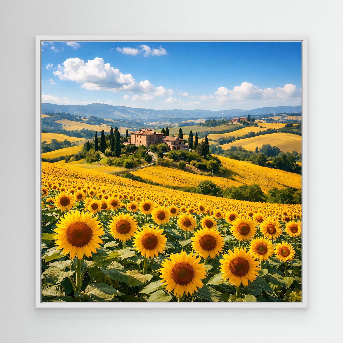 Leinwandbild mit Sonnenblumenfeld und Toskana-Hügellandschaft, rechteckig, weißer Rahmen