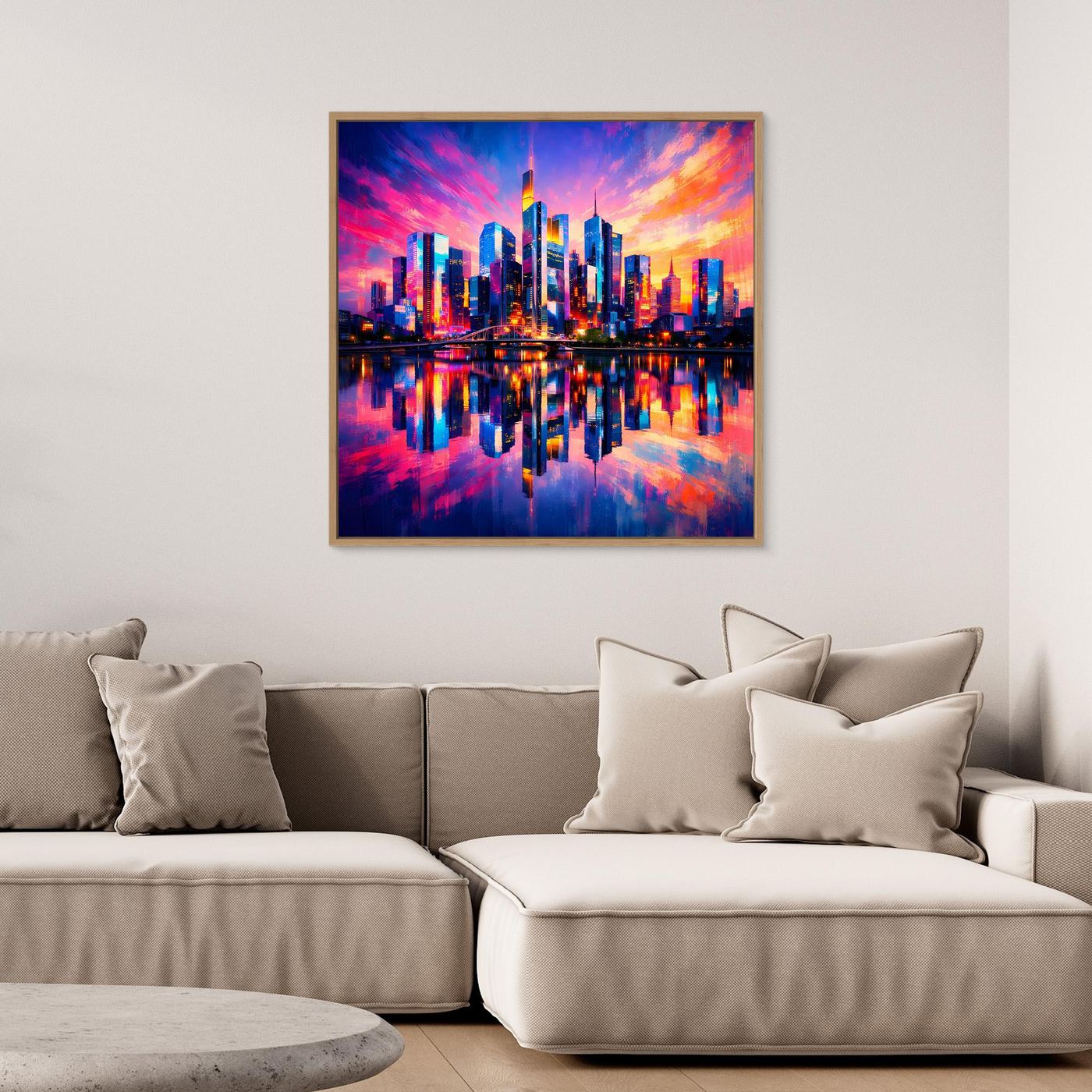 Leinwand Farbenfrohe Frankfurt Skyline bei Sonnenuntergang | Modernes Wandbild